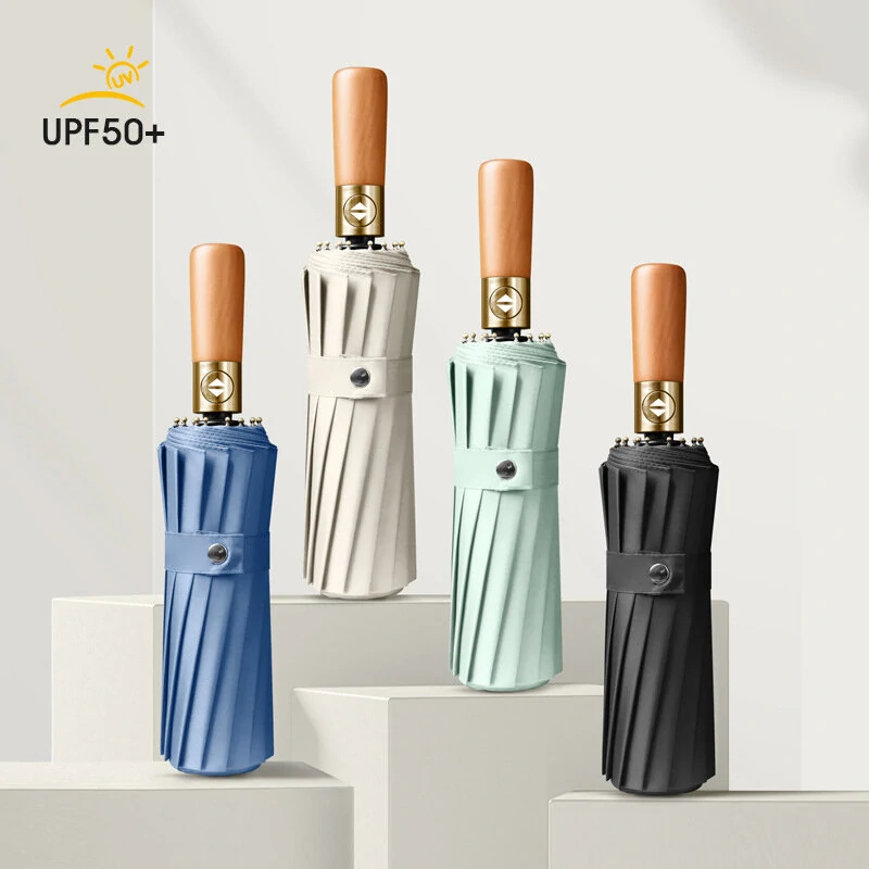 16-Bone Double Fully Automatic Rain Umbrella Keel Wooden Handle Sun Protection Umbrellas Large Folding Business Umbrella For Sunny Rainy Days