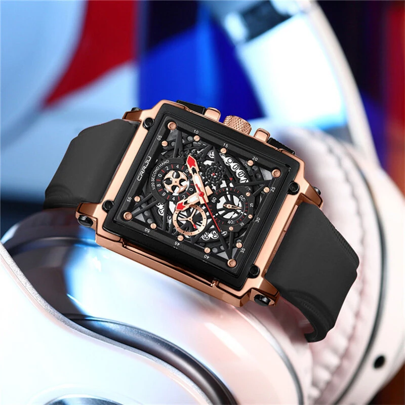 CRRJU Men's Sports Watch, Multifunctional Chronograph Wrist Watch for Business Men, Waterproof Square Male Quartz Watch with a Box, Ideal choice for Men's Gifts