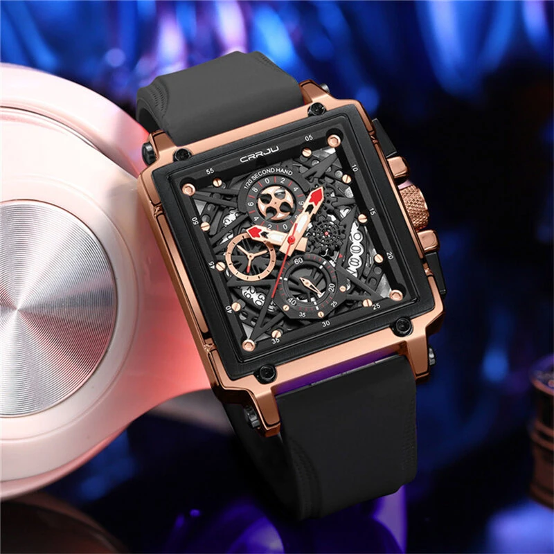 CRRJU Men's Sports Watch, Multifunctional Chronograph Wrist Watch for Business Men, Waterproof Square Male Quartz Watch with a Box, Ideal choice for Men's Gifts