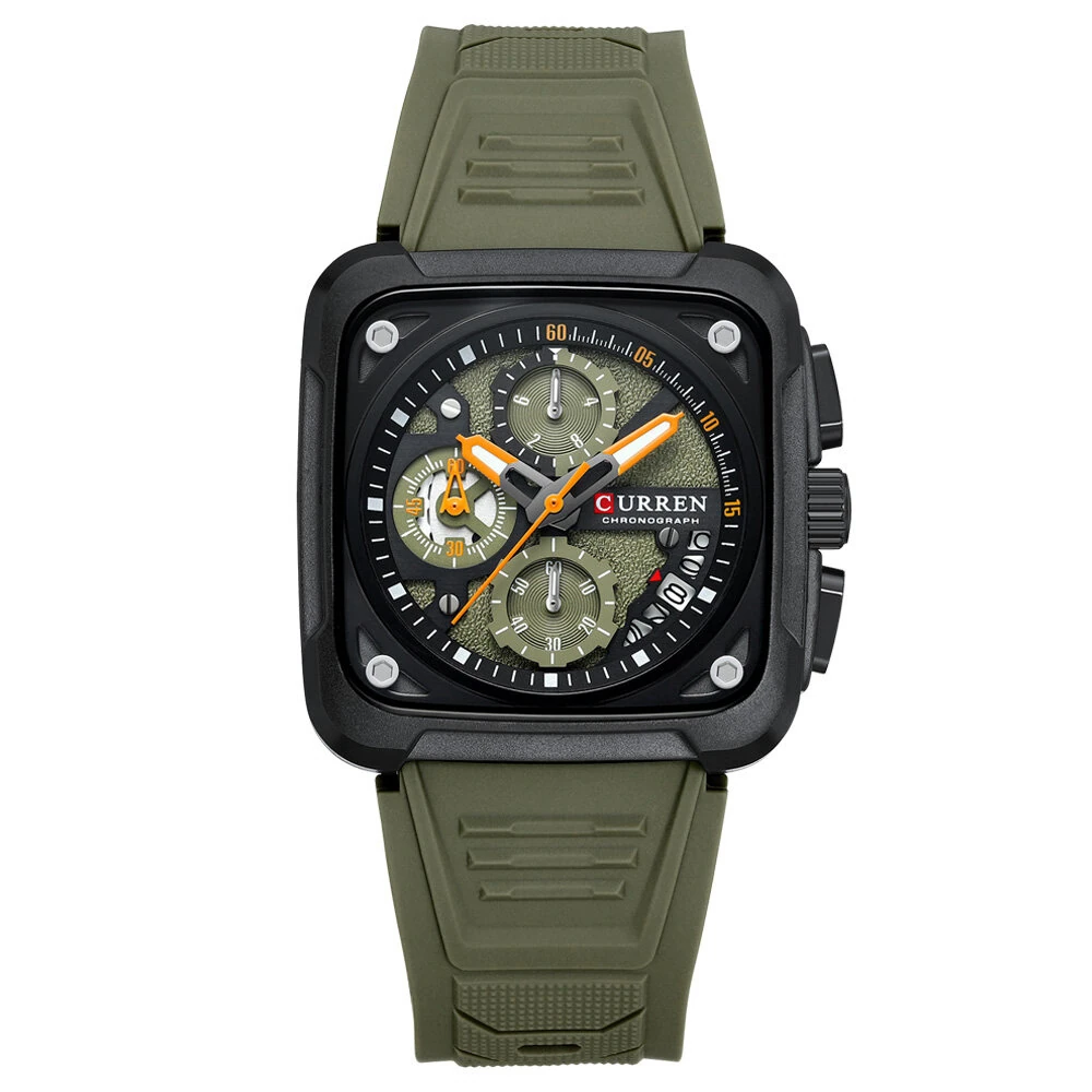 CURREN Men's Fashion Luminous Sports Watches Unique Square Dial with Chronograph Calendar Waterproof Silicone Strap Quartz Wristwatch