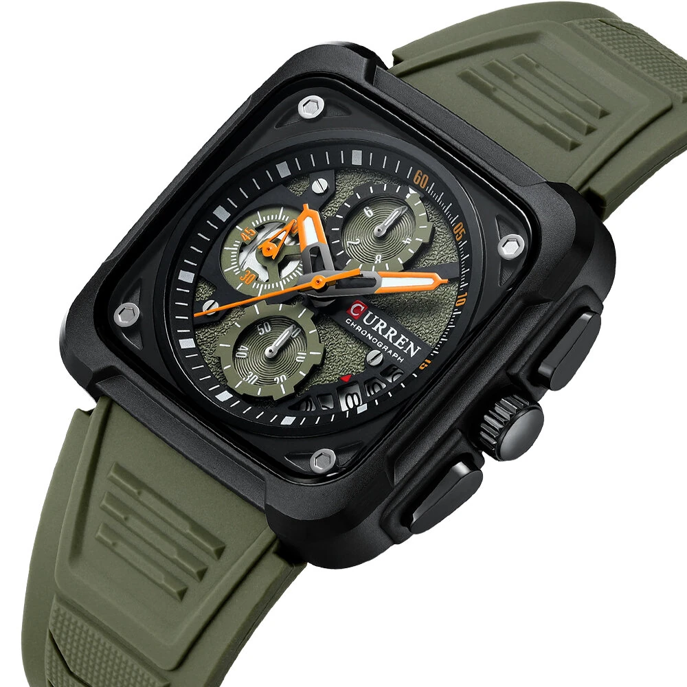 CURREN Men's Fashion Luminous Sports Watches Unique Square Dial with Chronograph Calendar Waterproof Silicone Strap Quartz Wristwatch