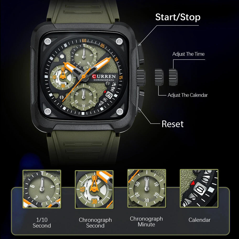 CURREN Men's Fashion Luminous Sports Watches Unique Square Dial with Chronograph Calendar Waterproof Silicone Strap Quartz Wristwatch