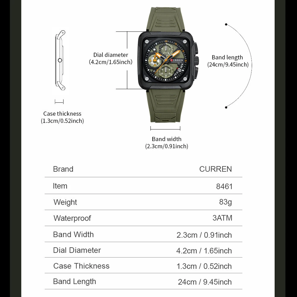 CURREN Men's Fashion Luminous Sports Watches Unique Square Dial with Chronograph Calendar Waterproof Silicone Strap Quartz Wristwatch