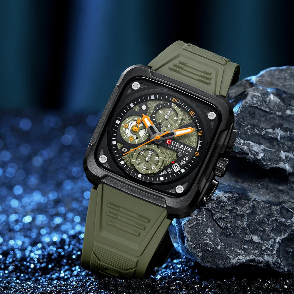 CURREN Men's Fashion Luminous Sports Watches Unique Square Dial with Chronograph Calendar Waterproof Silicone Strap Quartz Wristwatch