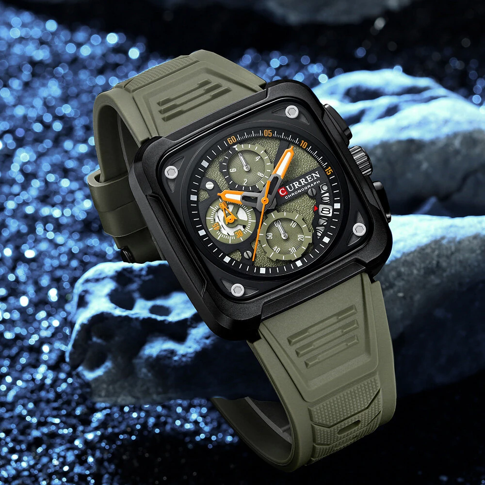 CURREN Men's Fashion Luminous Sports Watches Unique Square Dial with Chronograph Calendar Waterproof Silicone Strap Quartz Wristwatch