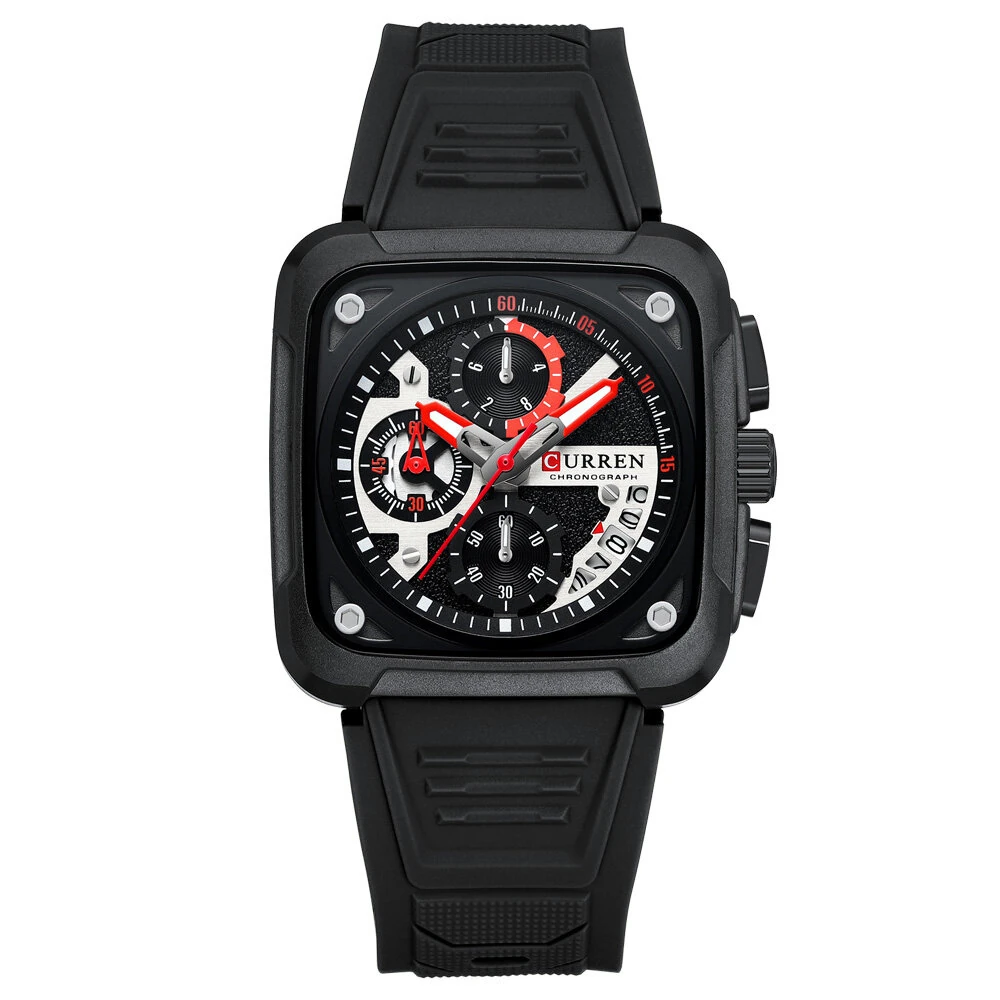 CURREN Men's Fashion Luminous Sports Watches Unique Square Dial with Chronograph Calendar Waterproof Silicone Strap Quartz Wristwatch