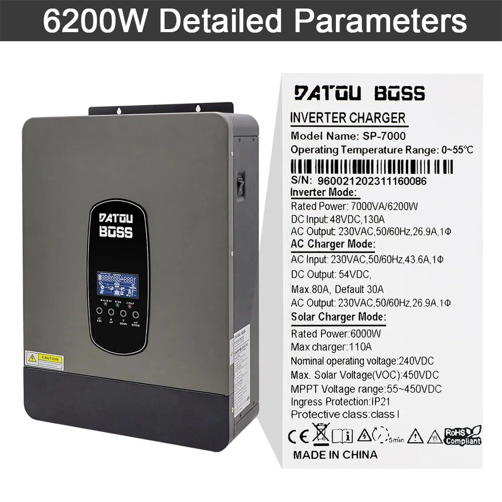 [EU Direct] DATOUBOSS 3000W/6200W Pure Sine Wave Hybrid Inverter 24V/48V DC To 230V AC Off Grid Inverter With 100A MPPT Solar Controller LCD Display Remote Control For Lead-acid Batteries And Lithium Batteries