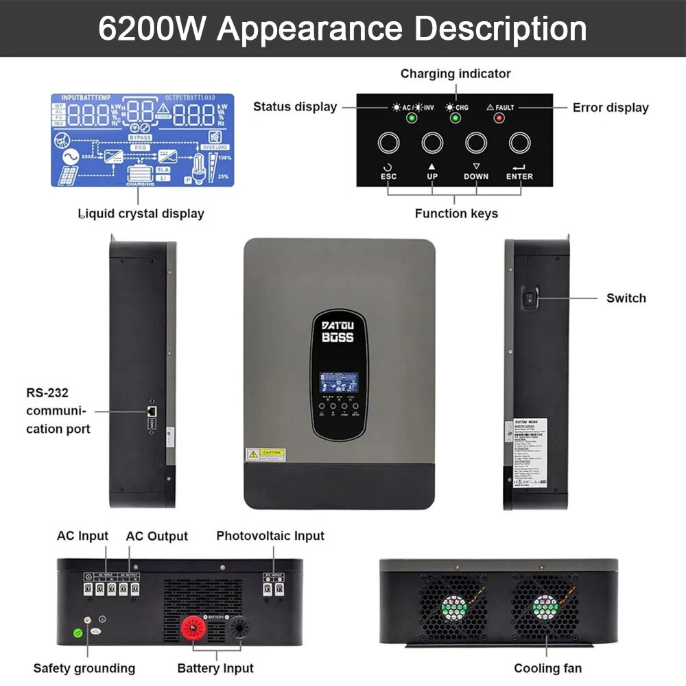 [EU Direct] DATOUBOSS 3000W/6200W Pure Sine Wave Hybrid Inverter 24V/48V DC To 230V AC Off Grid Inverter With 100A MPPT Solar Controller LCD Display Remote Control For Lead-acid Batteries And Lithium Batteries