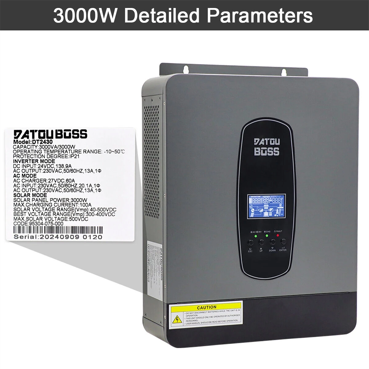[EU Direct] DATOUBOSS 3000W/6200W Pure Sine Wave Hybrid Inverter 24V/48V DC To 230V AC Off Grid Inverter With 100A MPPT Solar Controller LCD Display Remote Control For Lead-acid Batteries And Lithium Batteries