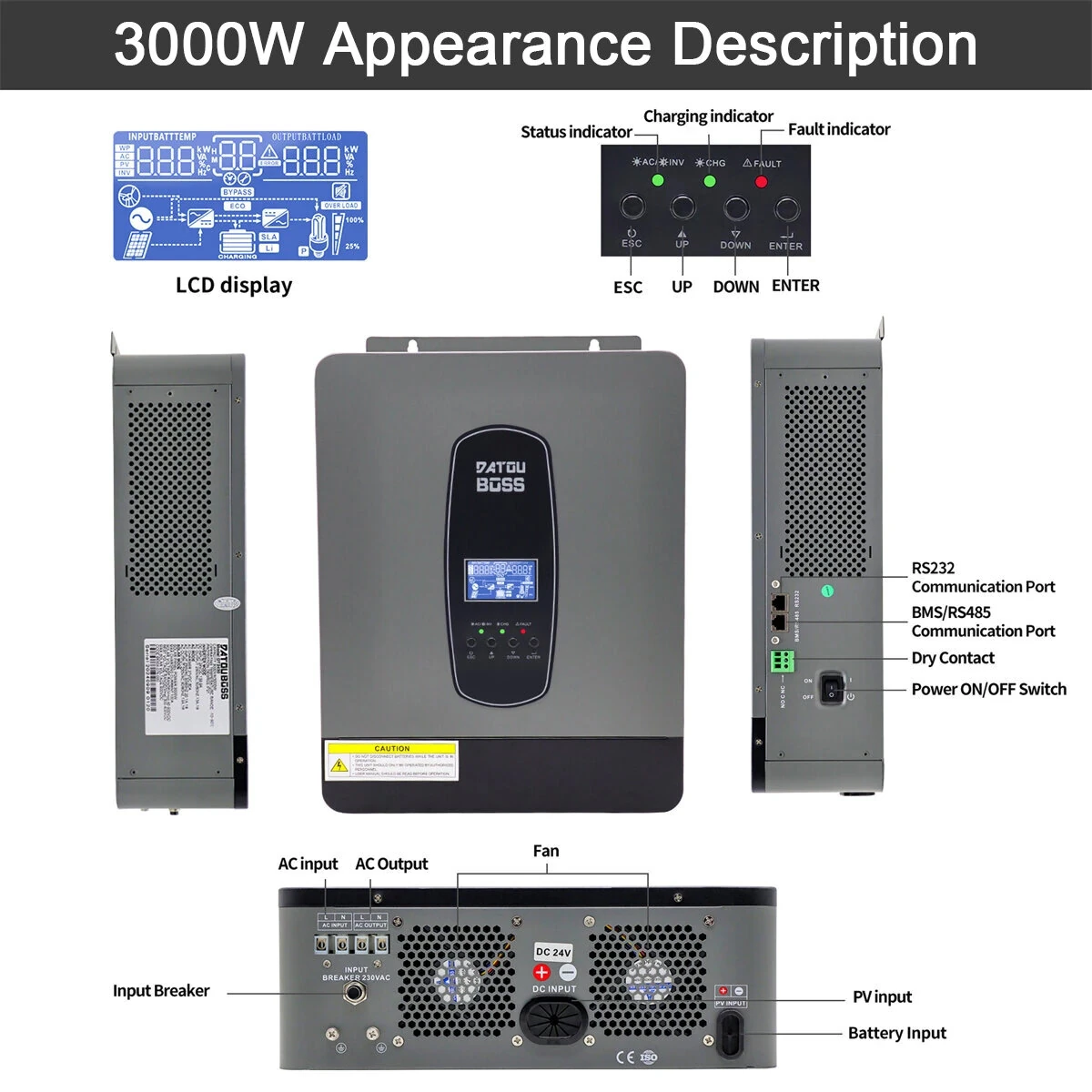 [EU Direct] DATOUBOSS 3000W/6200W Pure Sine Wave Hybrid Inverter 24V/48V DC To 230V AC Off Grid Inverter With 100A MPPT Solar Controller LCD Display Remote Control For Lead-acid Batteries And Lithium Batteries