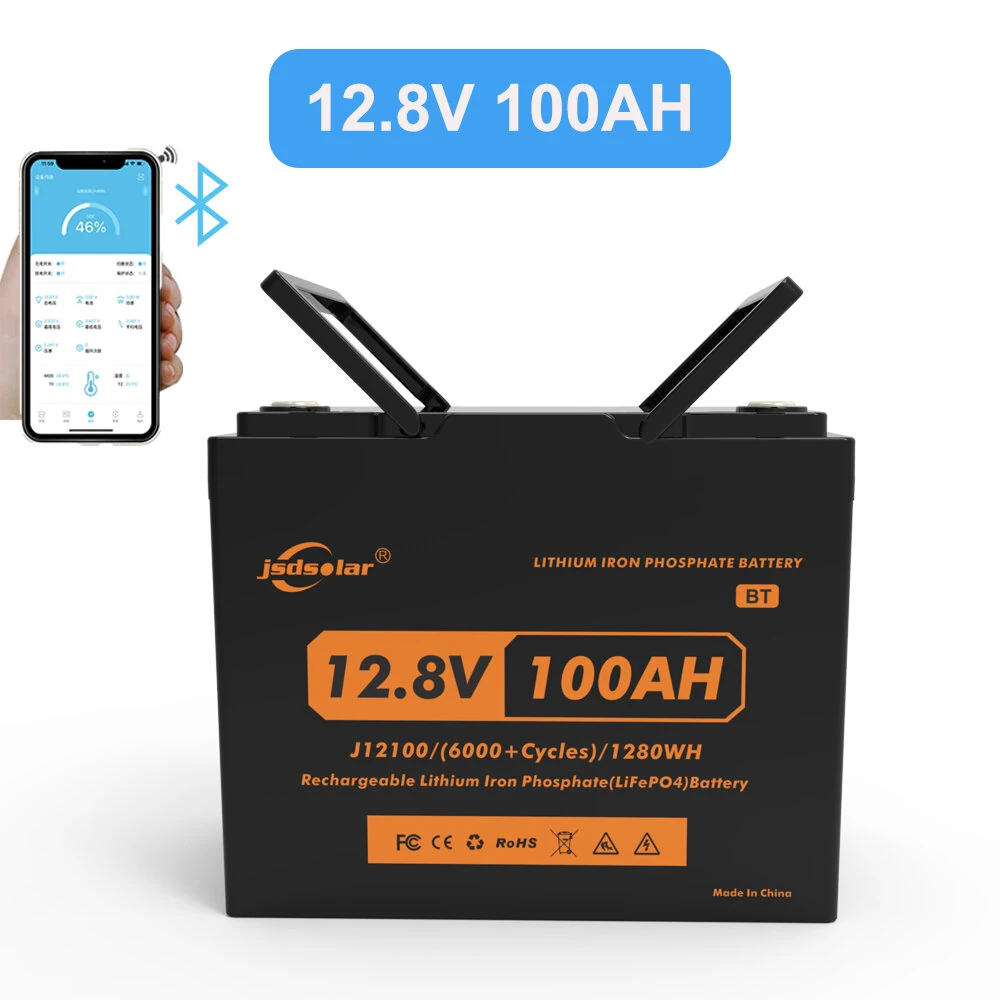 JSDSOLAR 12V 100Ah LiFePo4 Battery Pack With Bluetooth 6000+ Cycles Rechargeable Lithium Iron Phosphate Batteries For Boat RV