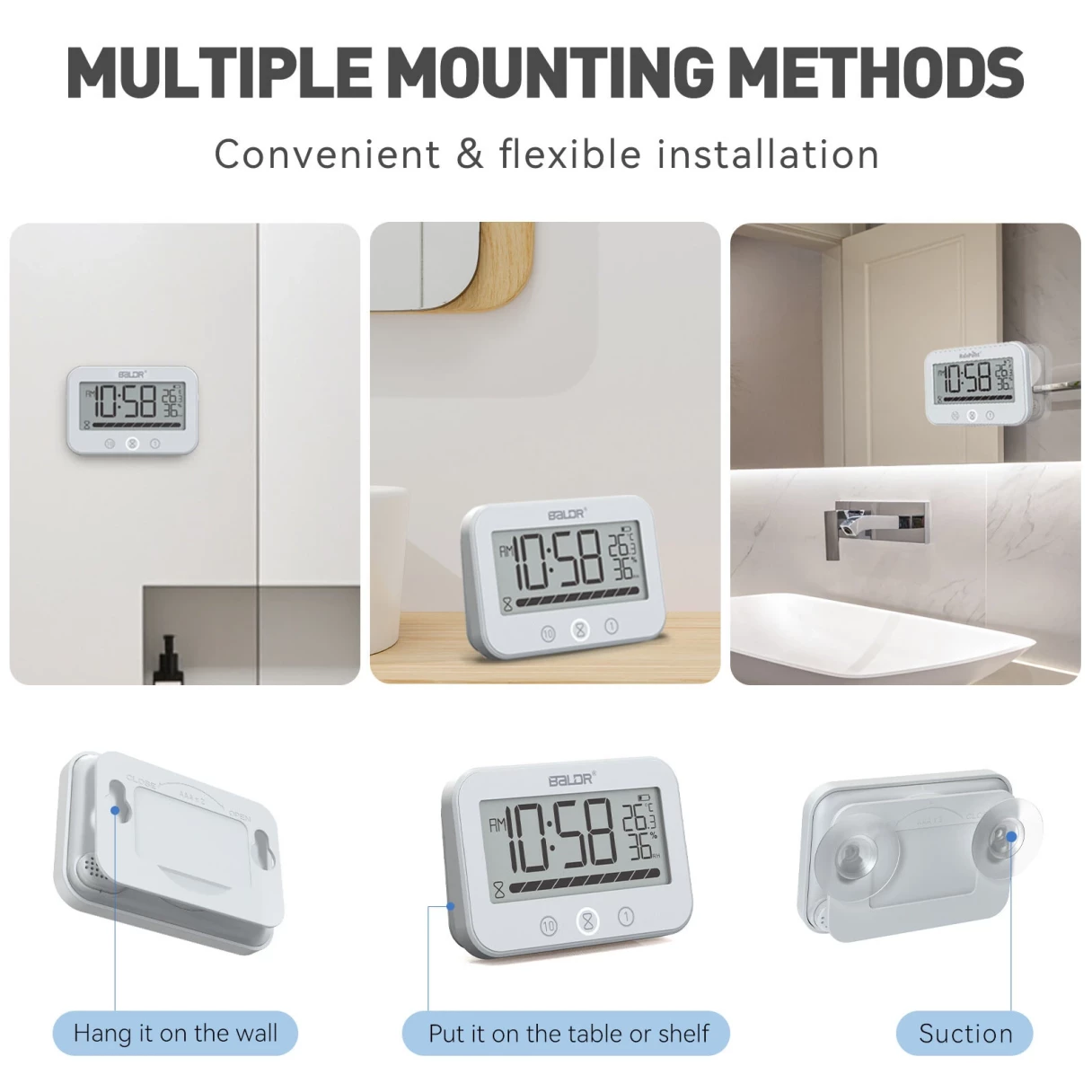 BALDR Waterproof Countdown Thermometer Hygrometer Multifunctional Electronic Thermometer And Hygrometer With Countdown Function Bathroom Clock Thermometer Hygrometer Alarm Reminder
