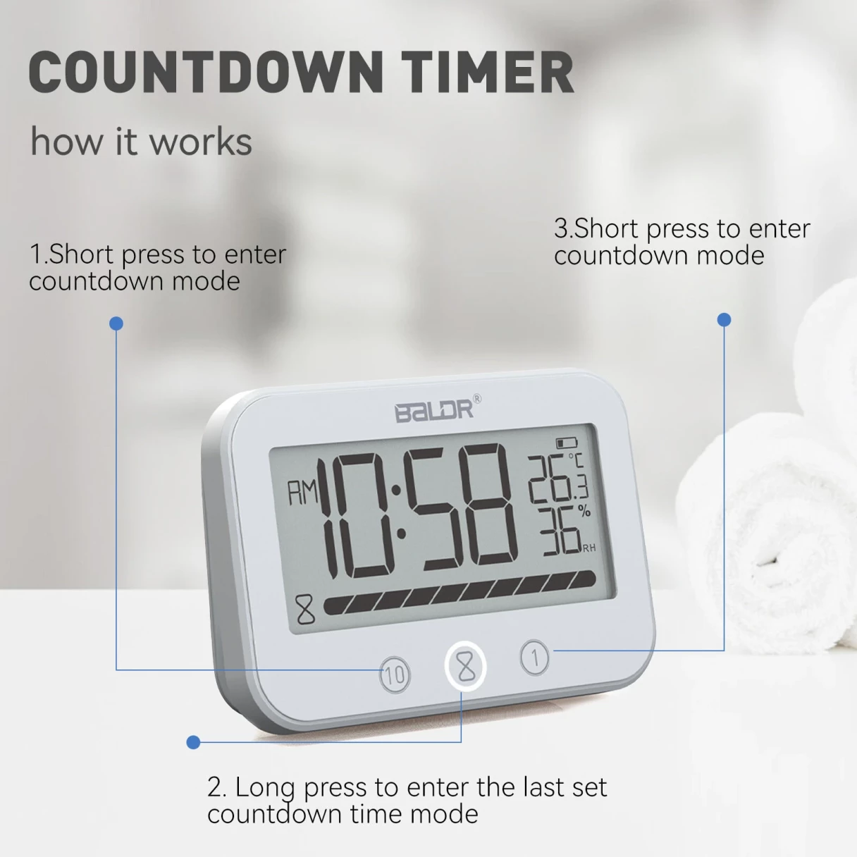 BALDR Waterproof Countdown Thermometer Hygrometer Multifunctional Electronic Thermometer And Hygrometer With Countdown Function Bathroom Clock Thermometer Hygrometer Alarm Reminder