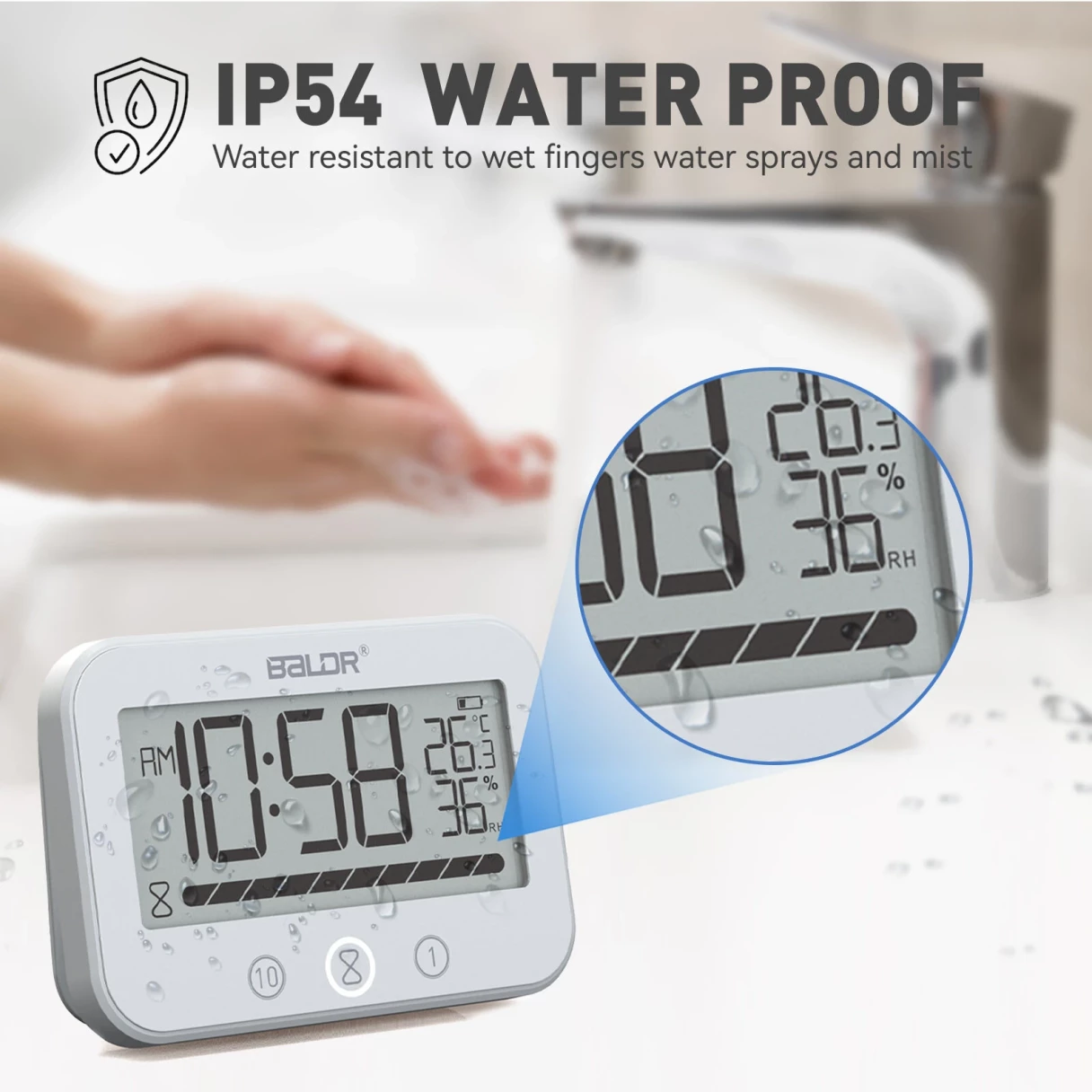 BALDR Waterproof Countdown Thermometer Hygrometer Multifunctional Electronic Thermometer And Hygrometer With Countdown Function Bathroom Clock Thermometer Hygrometer Alarm Reminder