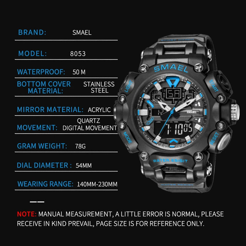 SMAEL Men Sport Digital Dual Display Watch Multi-function LED Luminous Waterproof Date Week Alarm Wristwatch