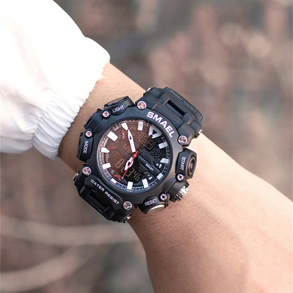 SMAEL Men Sport Digital Dual Display Watch Multi-function LED Luminous Waterproof Date Week Alarm Wristwatch