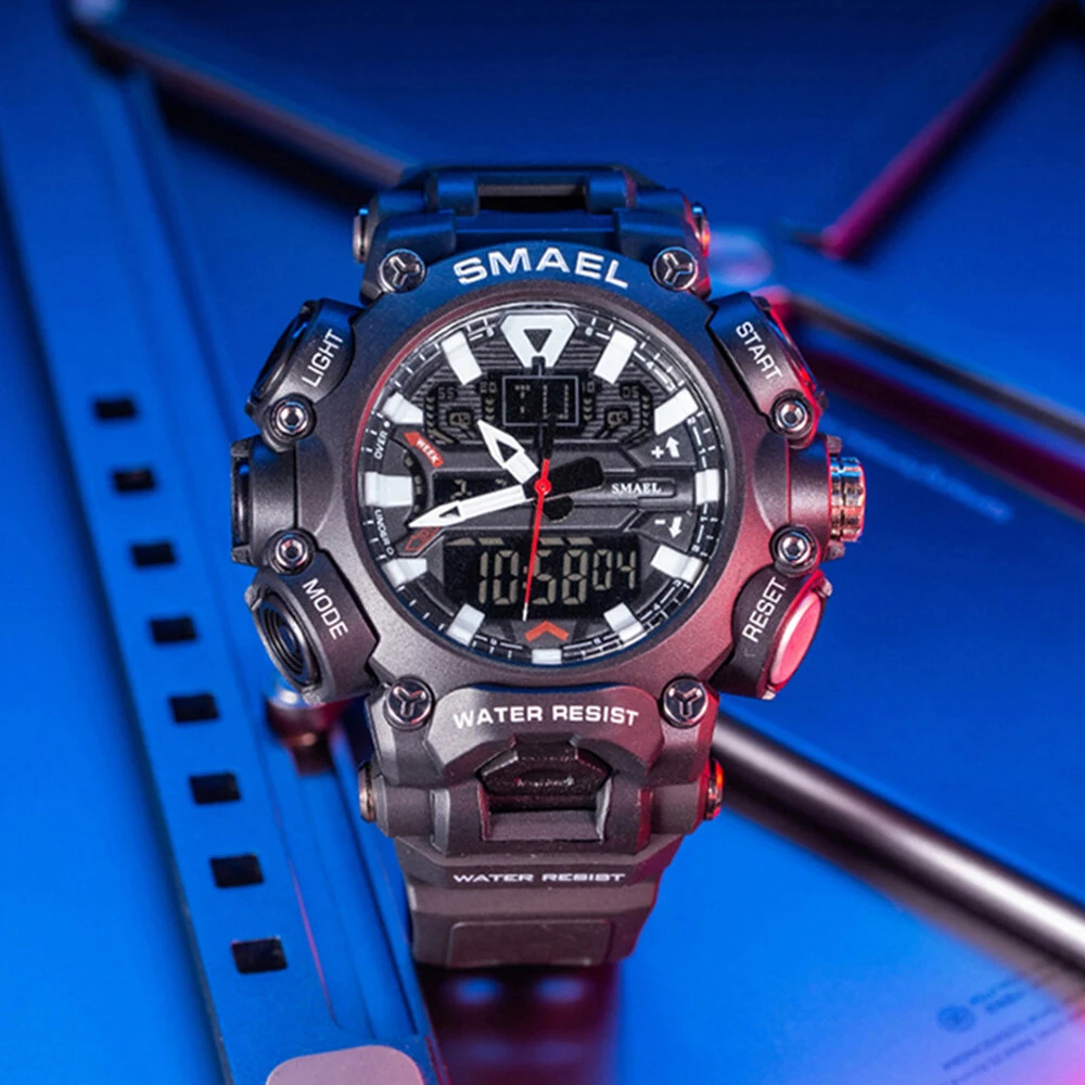 SMAEL Men Sport Digital Dual Display Watch Multi-function LED Luminous Waterproof Date Week Alarm Wristwatch