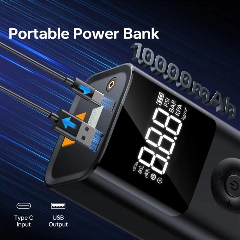 Portable Car Jump Starter Air Compressor Power Bank 12V Battery Booster Supports 8.0L Gas 6.5L Diesel LED Flashlight Tire Inflator USB Charging