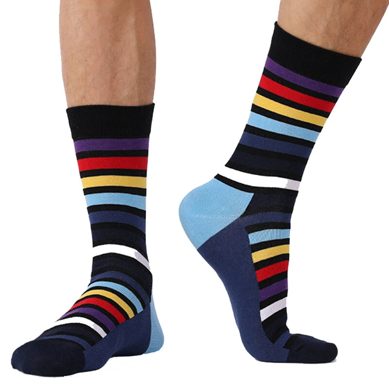 5 Pairs Men's Cotton Stripe Socks Funny Crew Bright Color Block Personality Mid Long Tube Skateboard Socks Unisex