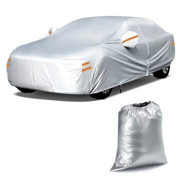 190T Polyester Car Full Covers All Weather Automobiles Outdoor With Windproof Strap 6 Reflective Strips for Sedans Coupes Silver UV Risistant Rainproof Dustproof Snowproof