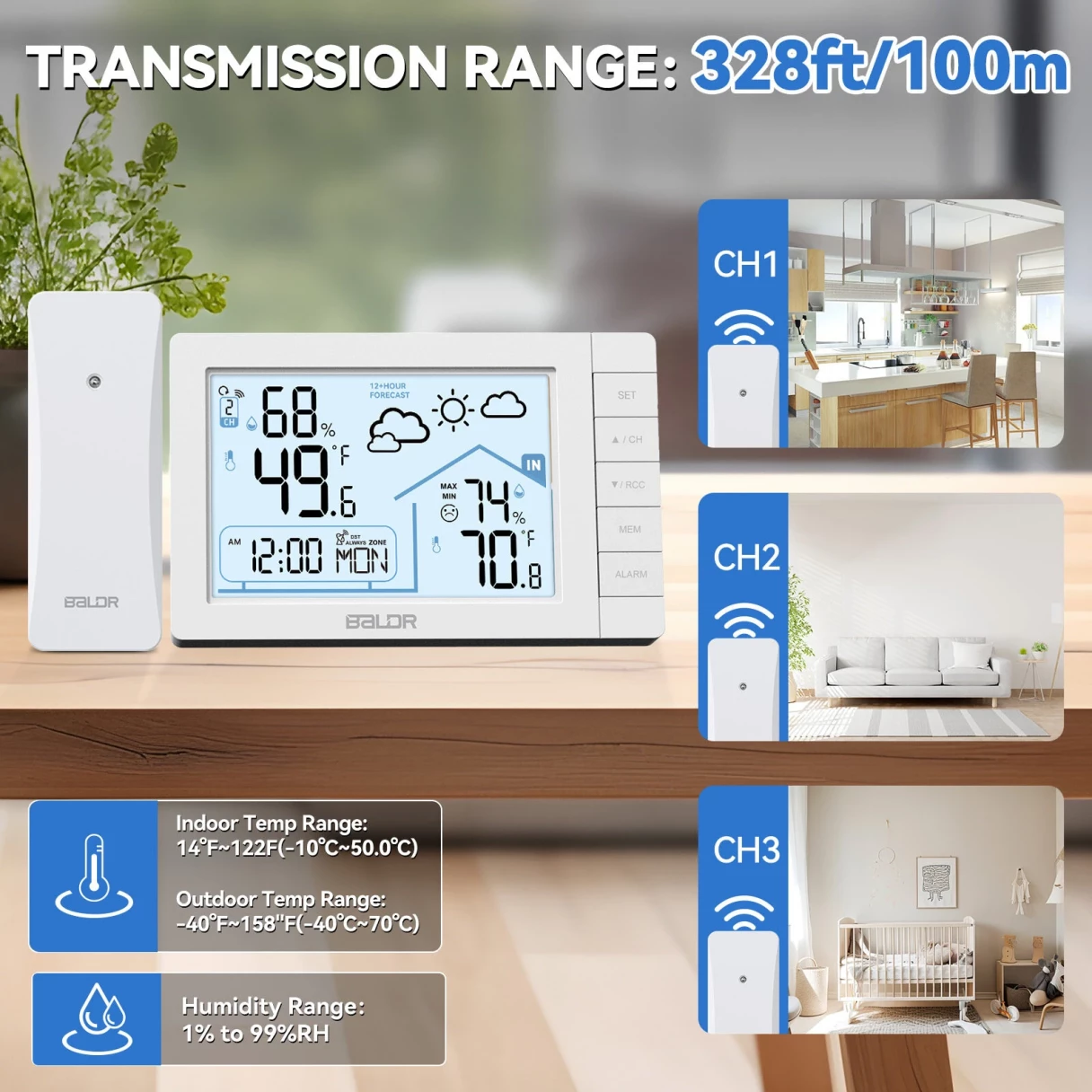 BALDR Weather Station Digital Thermometer Hygrometer Clock Small Weather Station Electronic Thermometer And Hygrometer With Temperature Humidity Time And Week Function