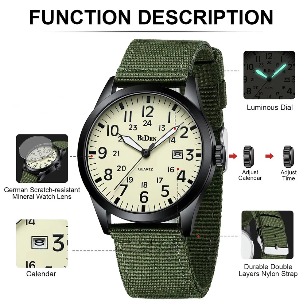 BIDEN Simple Calendar Sports Waterproof Quartz Watch Comfortable Nylon Strap Luminous Pointer Men Watch with Alloy Case
