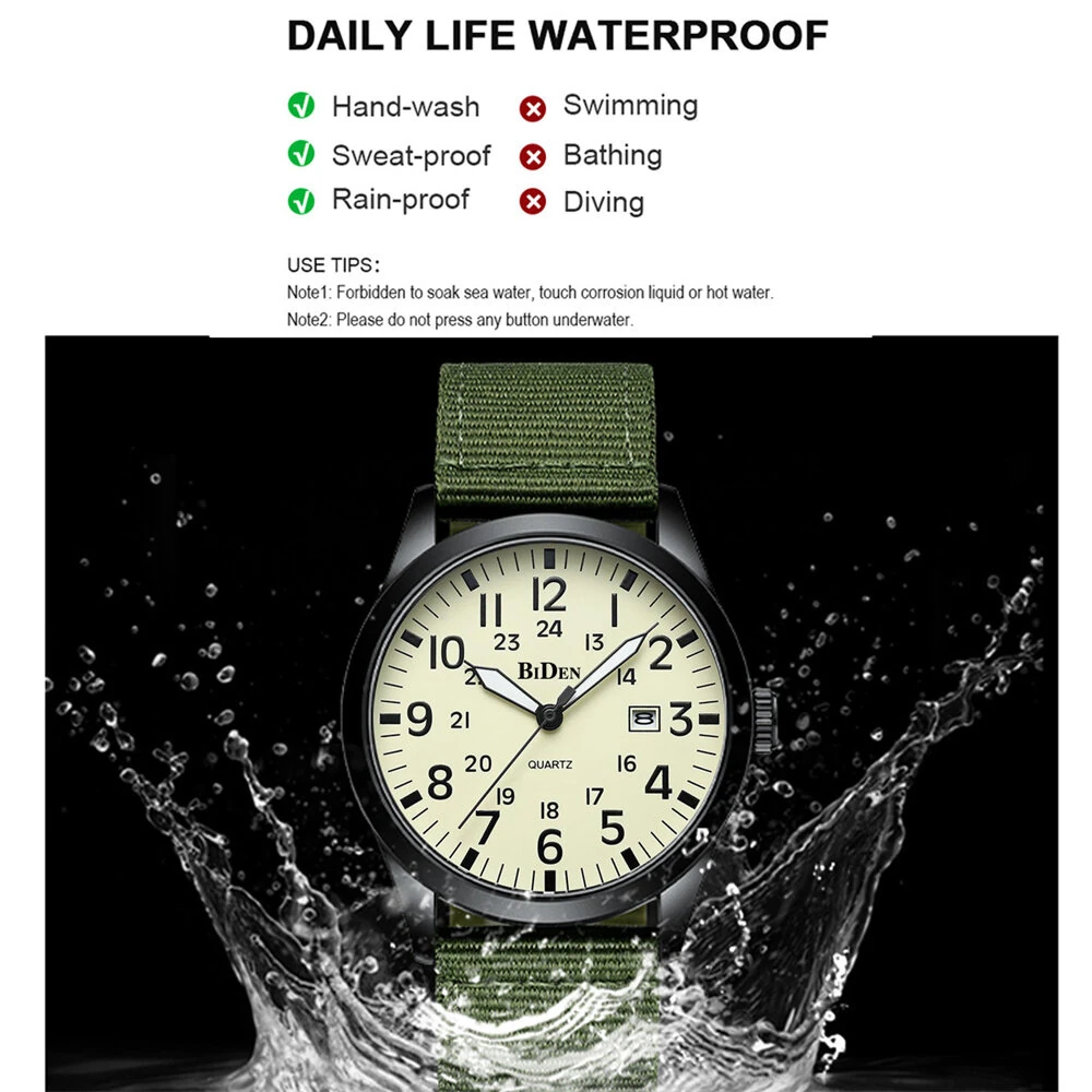 BIDEN Simple Calendar Sports Waterproof Quartz Watch Comfortable Nylon Strap Luminous Pointer Men Watch with Alloy Case