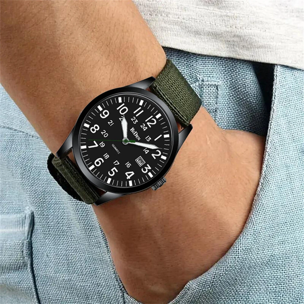 BIDEN Simple Calendar Sports Waterproof Quartz Watch Comfortable Nylon Strap Luminous Pointer Men Watch with Alloy Case