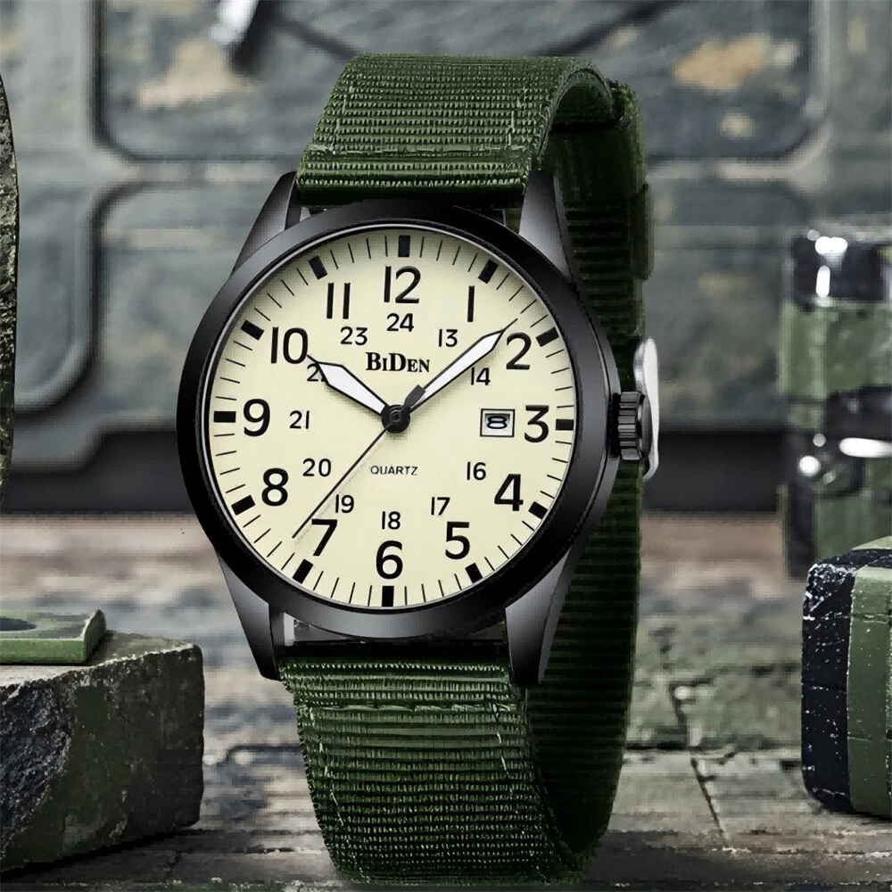 BIDEN Simple Calendar Sports Waterproof Quartz Watch Comfortable Nylon Strap Luminous Pointer Men Watch with Alloy Case