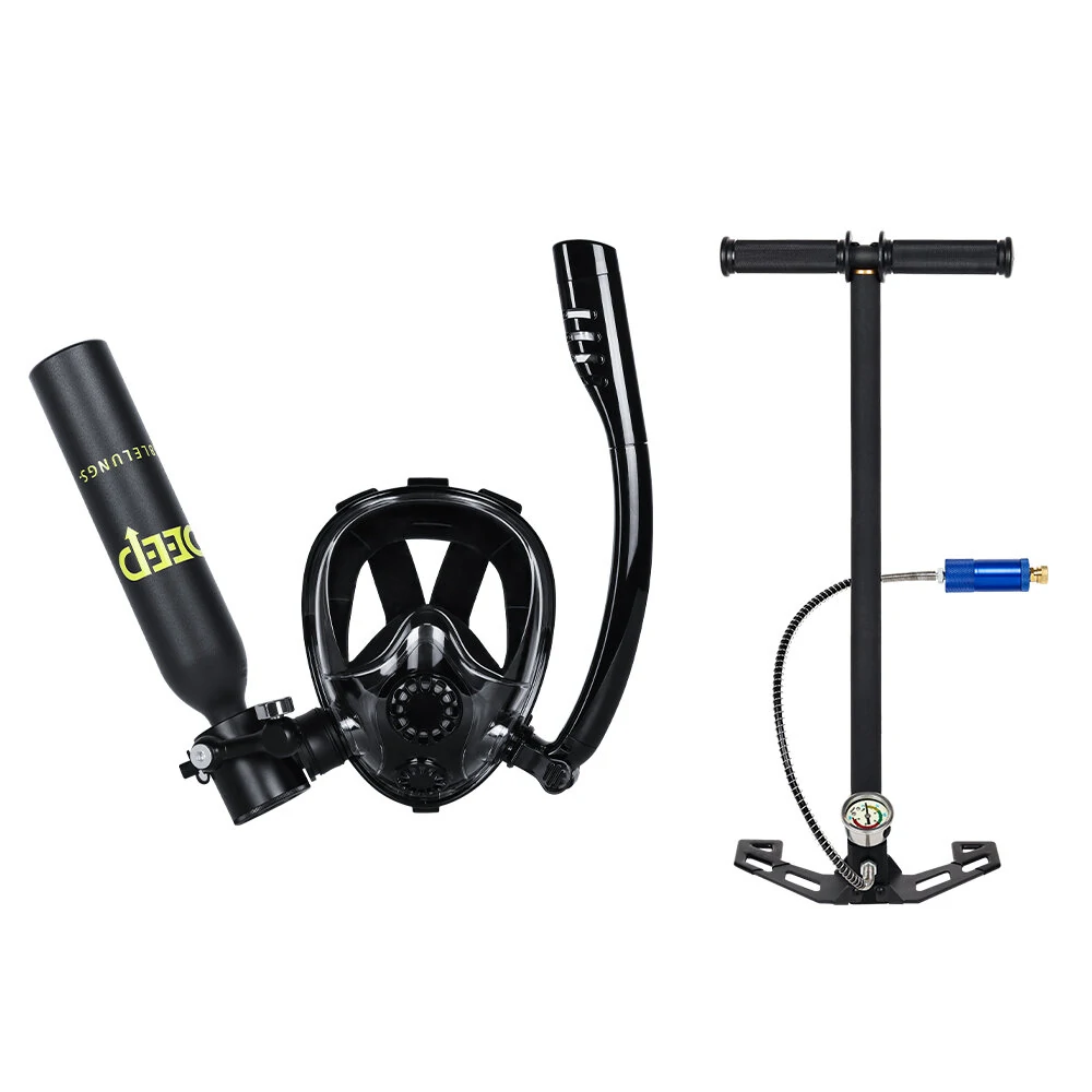 [EU Direct] DIDEEP 0.5L All-in-One Full Face Snorkel Cover Mini Scuba Tank Kit Portable Oxygen Cylinder Breather with Air Pump Automatic Air Compressor Diving Cylinder Kit for Snorkeling Recreational Diving