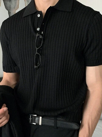 Mens Solid Rib-Knit Casual Short Sleeve Golf Shirt