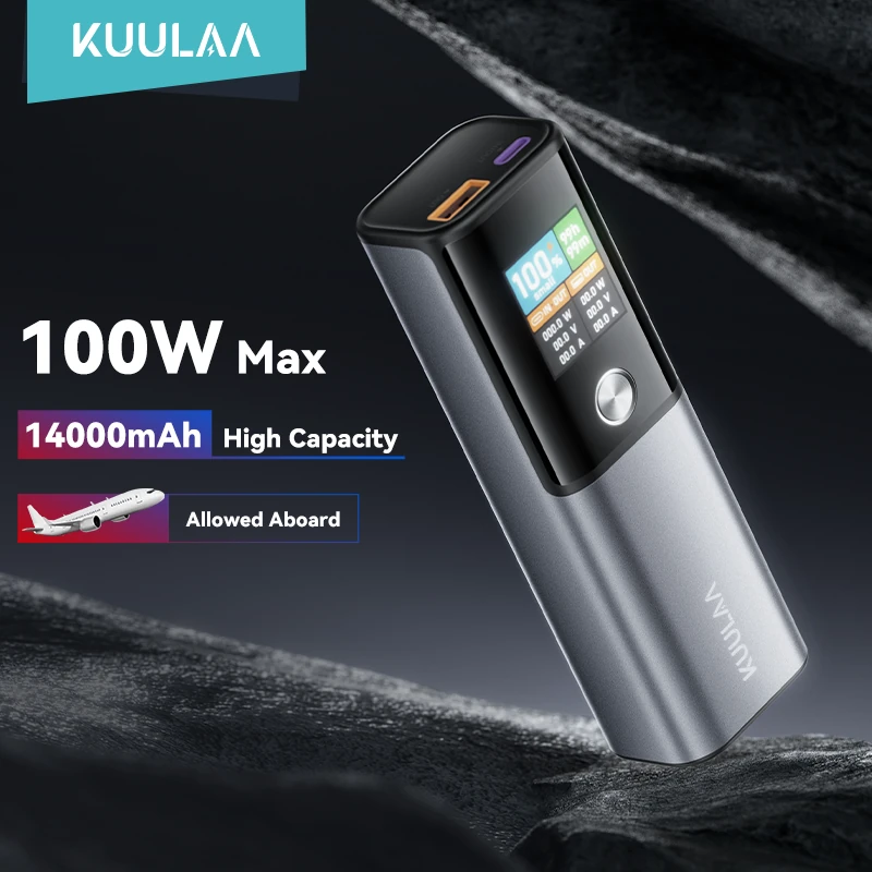 KUULAA KL-YD78 100W 14000mAh Smart Display Power Bank External Battery Power Supply with 1 Input & 2 Outputs Support PD QC AFC SCP Fast Charging for iPhone 16 16 Pro 15 14 13 Pro Max for Xiaomi 15pro for Samsung Galaxy S25 Ultra