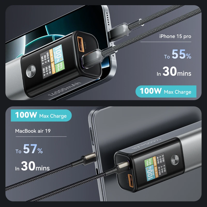 KUULAA KL-YD78 100W 14000mAh Smart Display Power Bank External Battery Power Supply with 1 Input & 2 Outputs Support PD QC AFC SCP Fast Charging for iPhone 16 16 Pro 15 14 13 Pro Max for Xiaomi 15pro for Samsung Galaxy S25 Ultra
