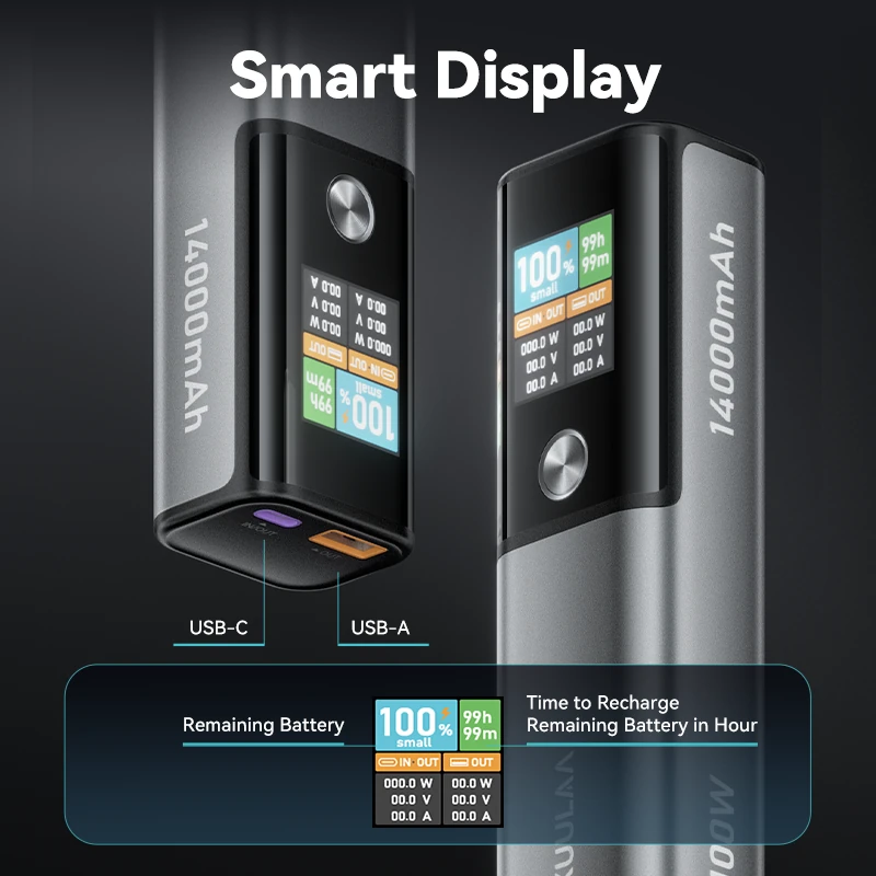 KUULAA KL-YD78 100W 14000mAh Smart Display Power Bank External Battery Power Supply with 1 Input & 2 Outputs Support PD QC AFC SCP Fast Charging for iPhone 16 16 Pro 15 14 13 Pro Max for Xiaomi 15pro for Samsung Galaxy S25 Ultra