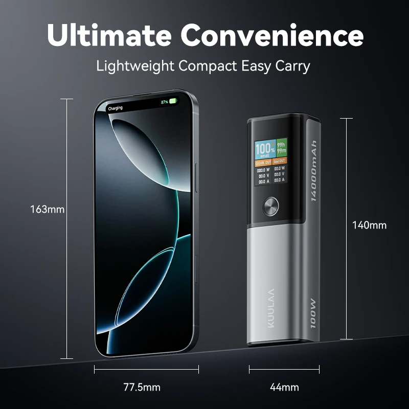 KUULAA KL-YD78 100W 14000mAh Smart Display Power Bank External Battery Power Supply with 1 Input & 2 Outputs Support PD QC AFC SCP Fast Charging for iPhone 16 16 Pro 15 14 13 Pro Max for Xiaomi 15pro for Samsung Galaxy S25 Ultra