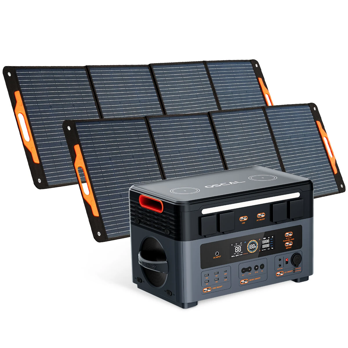 Blackview OSCAL PowerMax2400 Dual-speaker Portable Power Station with Solar Panel Kit 1872Wh to 20592Wh LiFePO4 Battery Pack Power Bank with 16 Outlets Wireless Charging Emergency Power Backup for Camping House Trolling