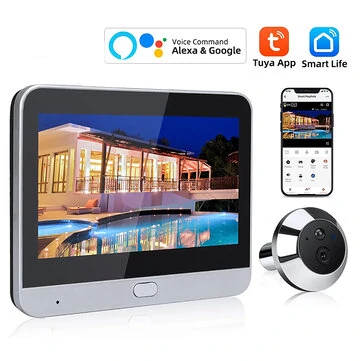 Smart Home Tuya 120° Wide Angle Door Peephole Camera 1080P Wireless One Way Intercom Video Eye Motion Detection Wifi Doorbell Camera 5000mAh Battery Work with Alexa&Google