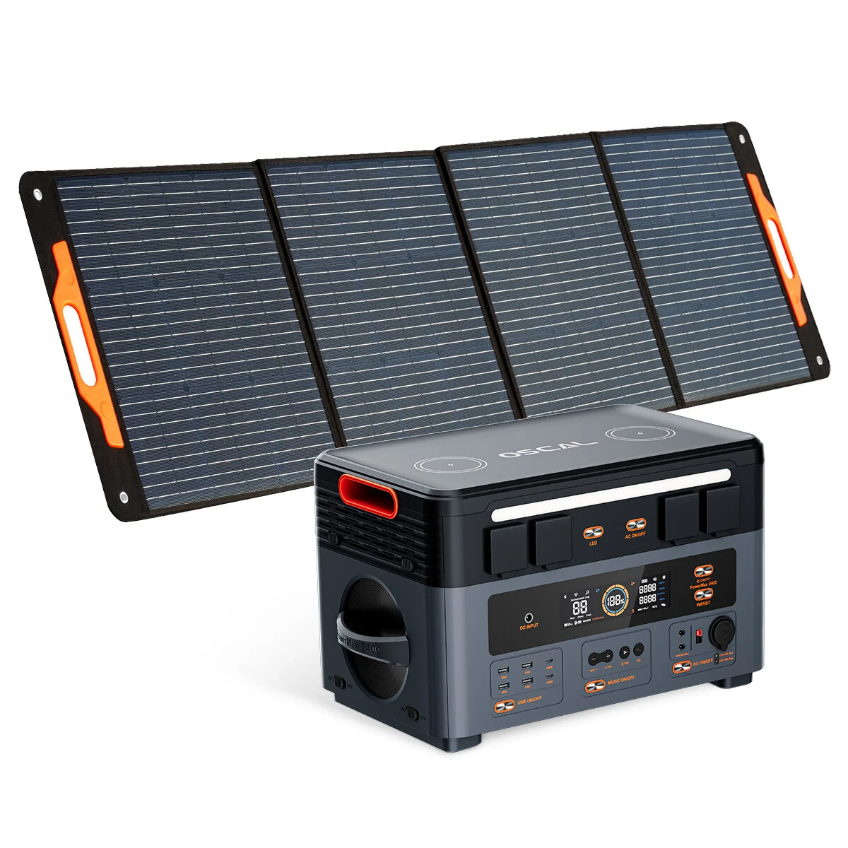 Blackview OSCAL PowerMax2400 Dual-speaker Portable Power Station with Solar Panel Kit 1872Wh to 20592Wh LiFePO4 Battery Pack Power Bank with 16 Outlets Wireless Charging Emergency Power Backup for Camping House Trolling