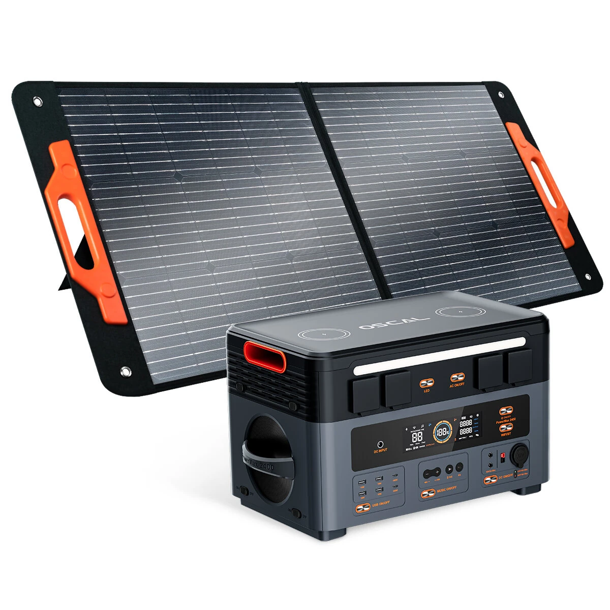 Blackview OSCAL PowerMax2400 Dual-speaker Portable Power Station with Solar Panel Kit 1872Wh to 20592Wh LiFePO4 Battery Pack Power Bank with 16 Outlets Wireless Charging Emergency Power Backup for Camping House Trolling