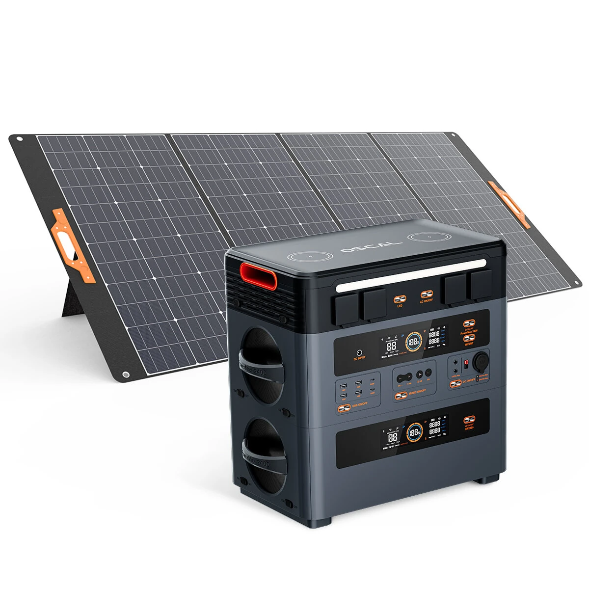 Blackview OSCAL PowerMax2400 Dual-speaker Portable Power Station with Solar Panel Kit 1872Wh to 20592Wh LiFePO4 Battery Pack Power Bank with 16 Outlets Wireless Charging Emergency Power Backup for Camping House Trolling
