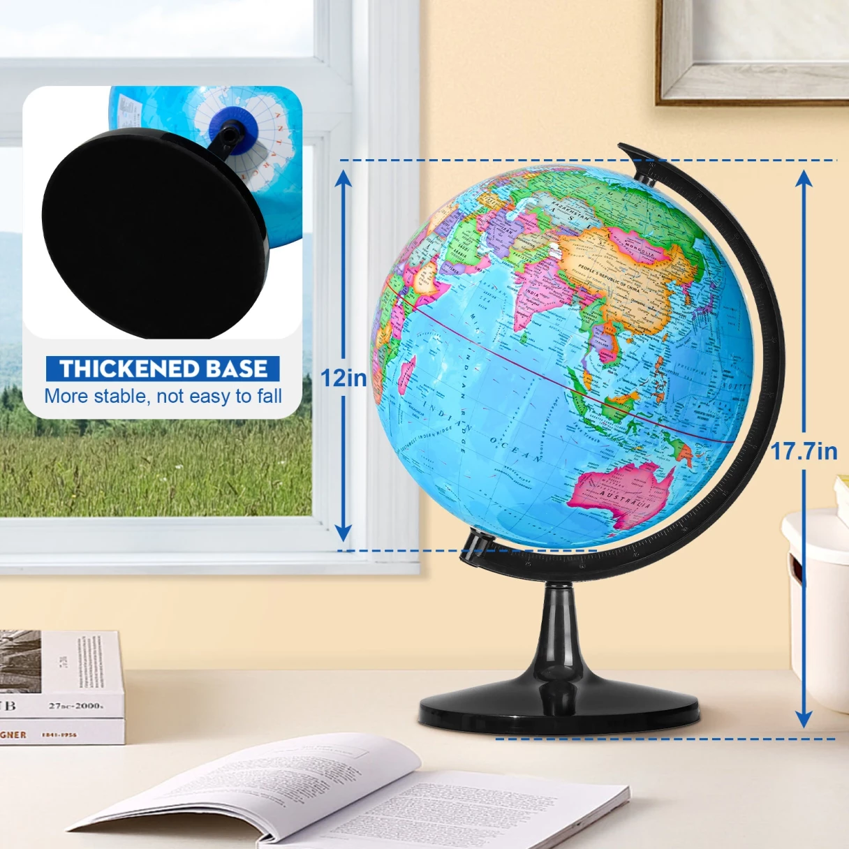 32CM Educational World Globe with Weighted Base Classroom Decorative Large Earth for Students Geography Teachers 360° Rotating Interactive Globe with World Map-Learning Tool Educational Toys