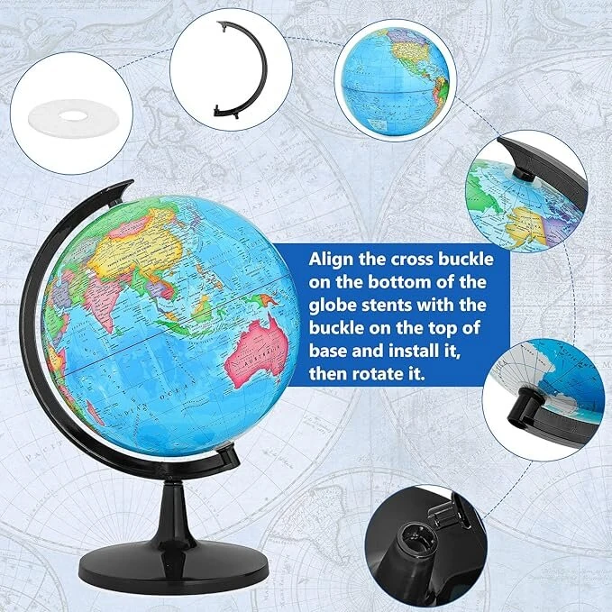 32CM Educational World Globe with Weighted Base Classroom Decorative Large Earth for Students Geography Teachers 360° Rotating Interactive Globe with World Map-Learning Tool Educational Toys