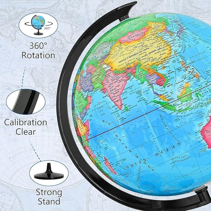 32CM Educational World Globe with Weighted Base Classroom Decorative Large Earth for Students Geography Teachers 360° Rotating Interactive Globe with World Map-Learning Tool Educational Toys