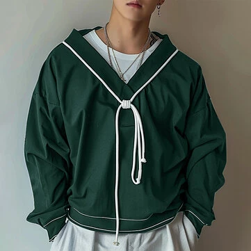 INCERUN Mens Twist Patchwork V-Neck Long Sleeve T-Shirt Fashion Solid Color Drawstring Design Tshirt