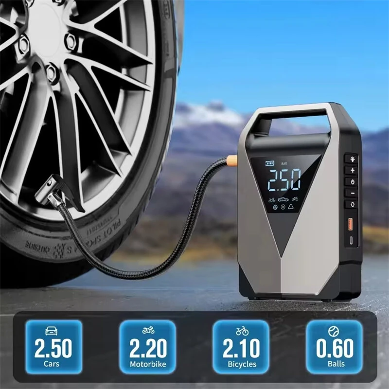 Portable 3000A 4500A Car Jump Starter Air Compressor 150PSI Tire Inflator Power Bank USB Type-C Input Emergency LED Light