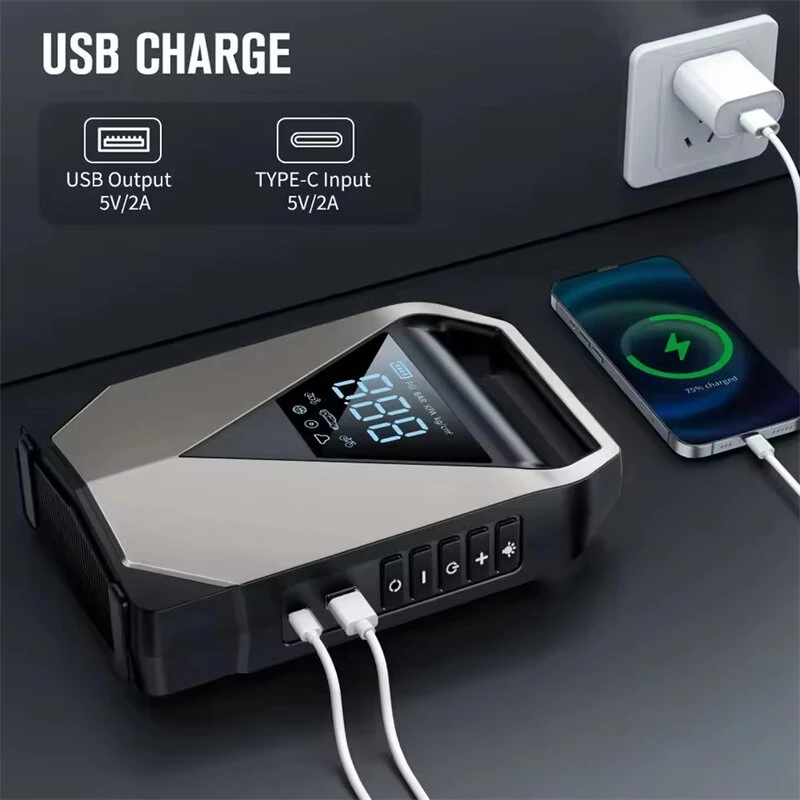 Portable 3000A 4500A Car Jump Starter Air Compressor 150PSI Tire Inflator Power Bank USB Type-C Input Emergency LED Light