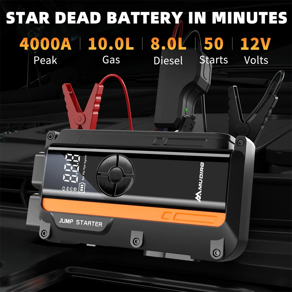 Mudiro M-JA1 Car Jump Starter with Air Compressor 4000A Peak 150PSI Tire Inflator 12V Portable Power Pack for Gas Diesel Engines