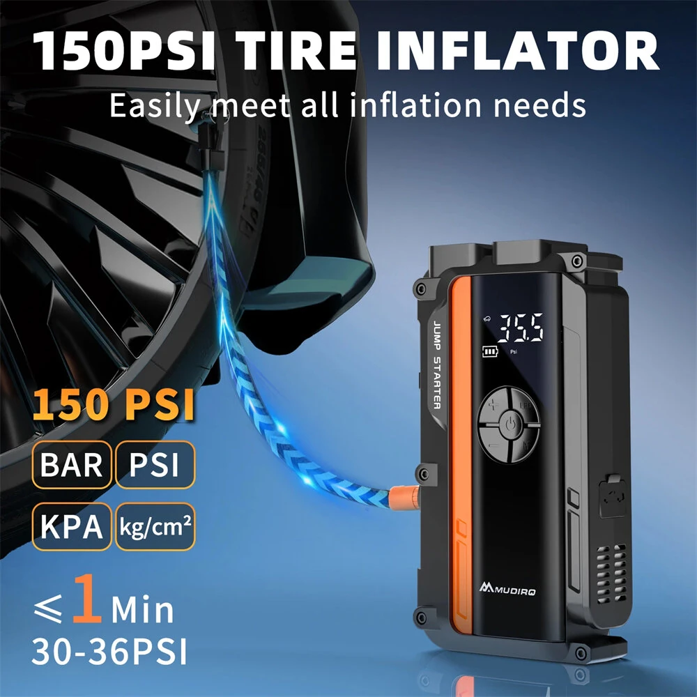 Mudiro M-JA1 Car Jump Starter with Air Compressor 4000A Peak 150PSI Tire Inflator 12V Portable Power Pack for Gas Diesel Engines