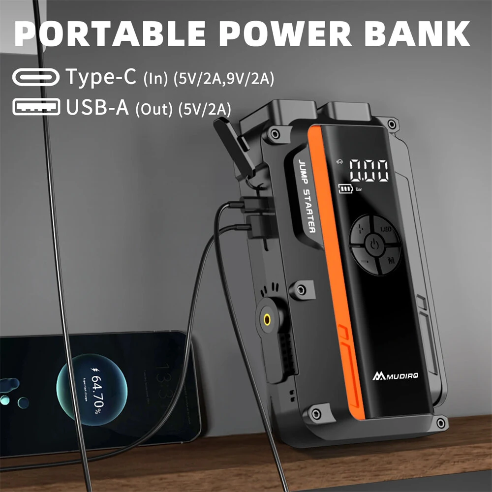 Mudiro M-JA1 Car Jump Starter with Air Compressor 4000A Peak 150PSI Tire Inflator 12V Portable Power Pack for Gas Diesel Engines
