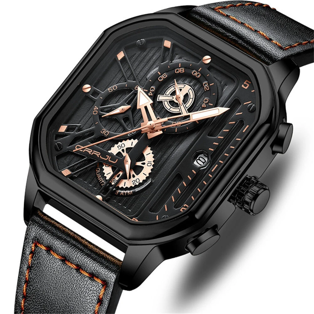 CRRJU Men's Luminous Waterproof Sports Watch Square Dial Chronograph Business Casual Quartz Wristwatches